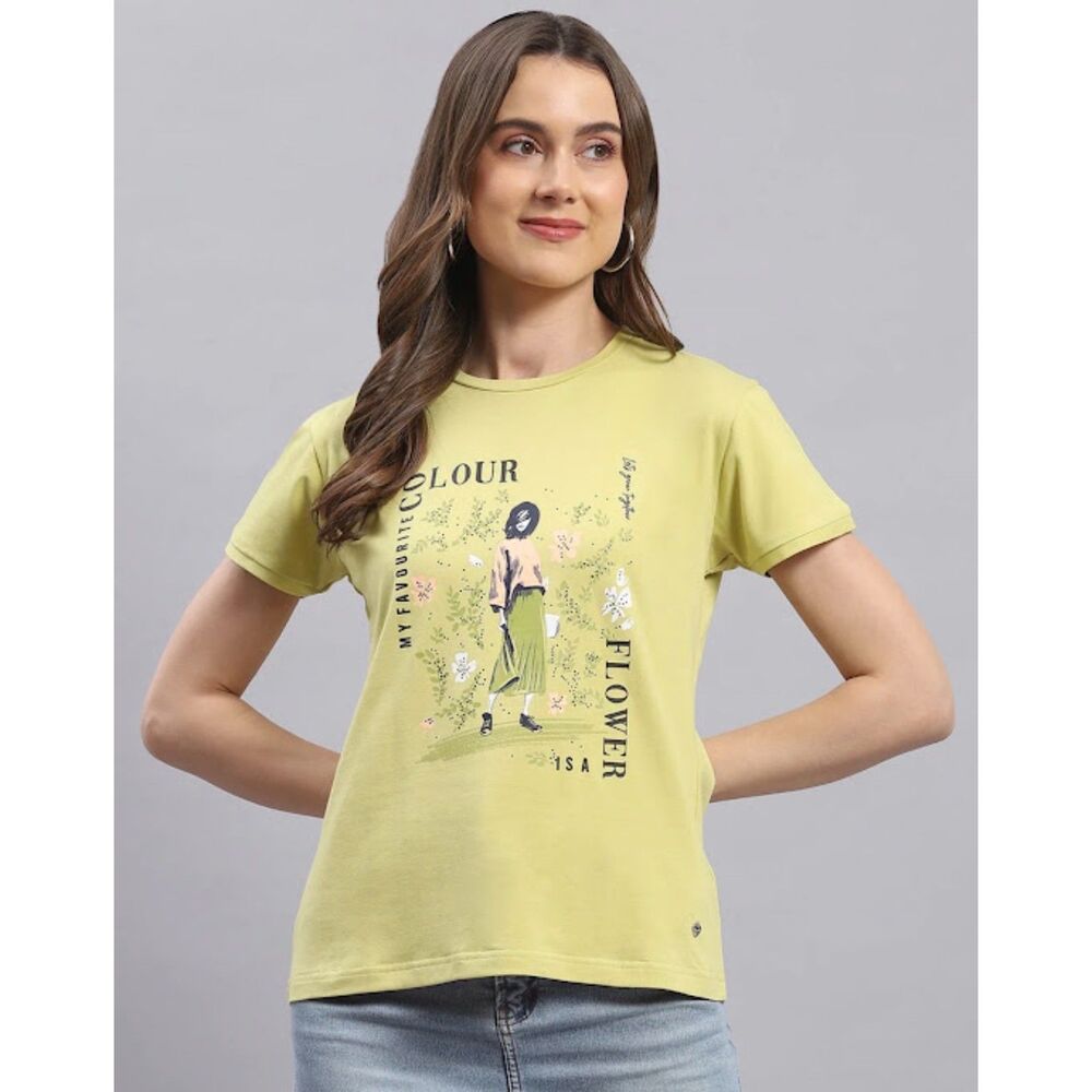 Monte Carlo Women L Green Floral Graphic T Shirt Botanical Girl Short Sleeve Tee